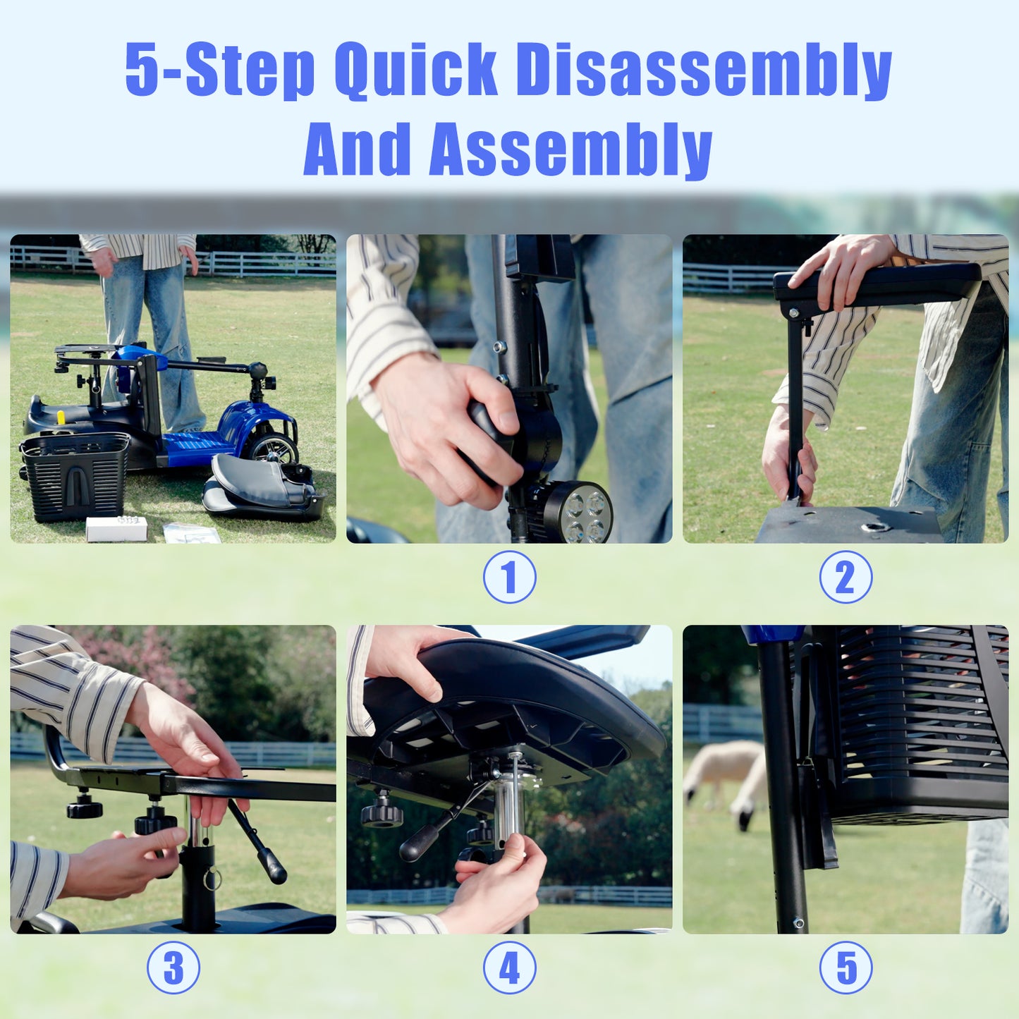 Mobility Scooter for Seniors and Disabled Individuals Featuring Bright Headlights, USB Port, Basket, and Long-Range Battery in blue