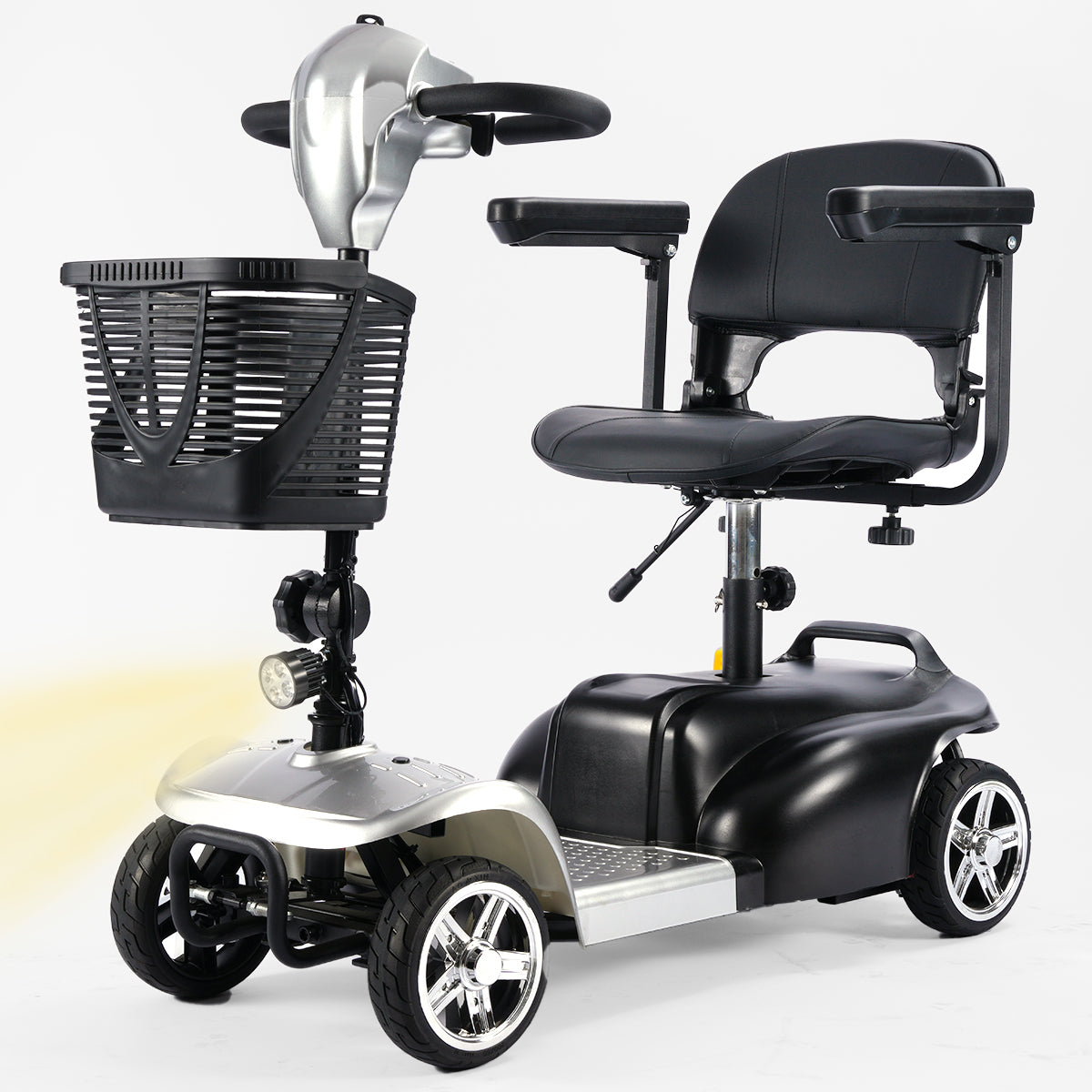 Mobility Scooter for Seniors and Disabled Individuals Featuring Bright Headlights, USB Port, Basket, and Long-Range Battery in Silver