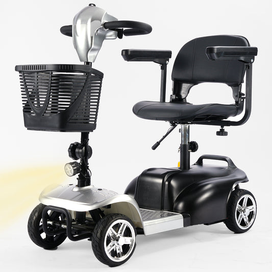 Mobility Scooter for Seniors and Disabled Individuals Featuring Bright Headlights, USB Port, Basket, and Long-Range Battery in Silver