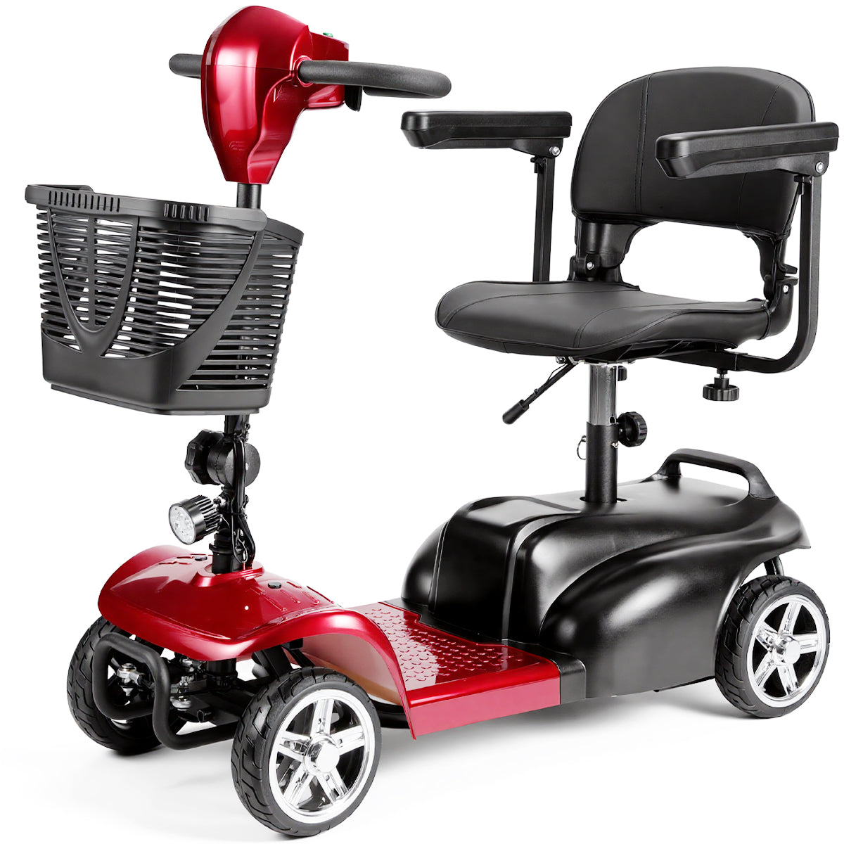 Mobility Scooter for Seniors and Disabled Individuals Featuring Bright Headlights, USB Port, Basket, and Long-Range Battery in red