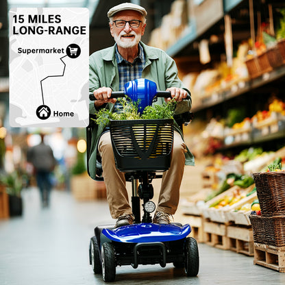 Mobility Scooter for Seniors and Disabled Individuals Featuring Bright Headlights, USB Port, Basket, and Long-Range Battery in blue