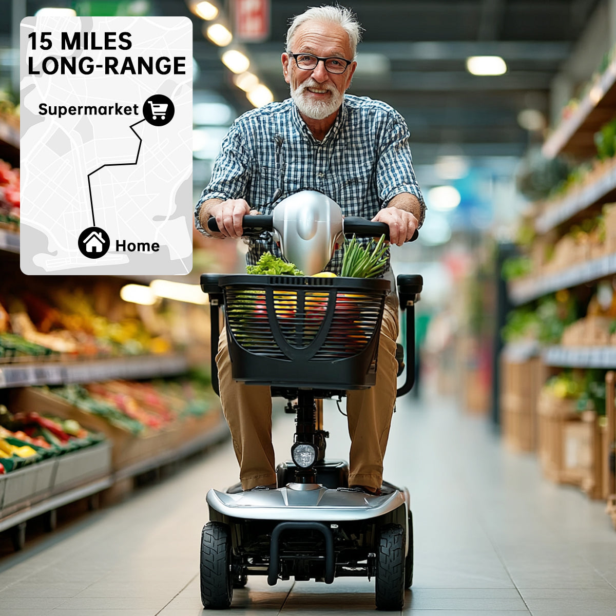 Mobility Scooter for Seniors and Disabled Individuals Featuring Bright Headlights, USB Port, Basket, and Long-Range Battery in Silver