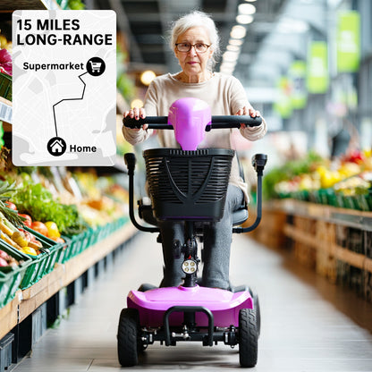 Mobility Scooter for Seniors and Disabled Individuals Featuring Bright Headlights, USB Port, Basket, and Long-Range Battery in LightPurple