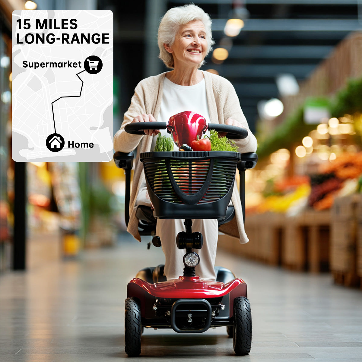 Mobility Scooter for Seniors and Disabled Individuals Featuring Bright Headlights, USB Port, Basket, and Long-Range Battery in red