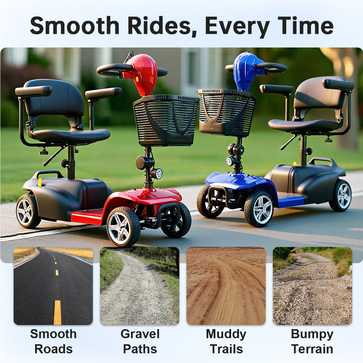 Mobility Scooter for Seniors and Disabled Individuals Featuring Bright Headlights, USB Port, Basket, and Long-Range Battery in red