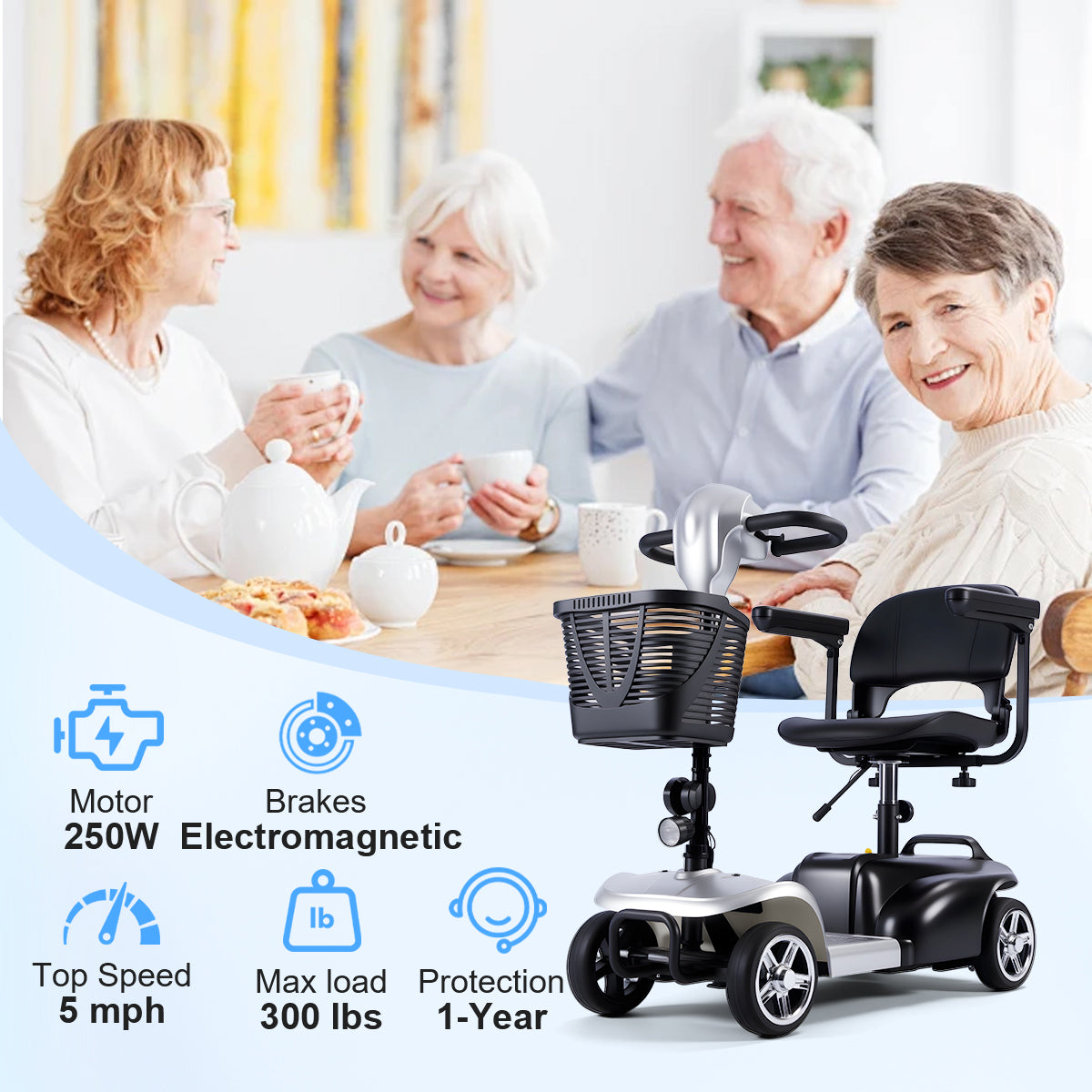 Mobility Scooter for Seniors and Disabled Individuals Featuring Bright Headlights, USB Port, Basket, and Long-Range Battery in Silver