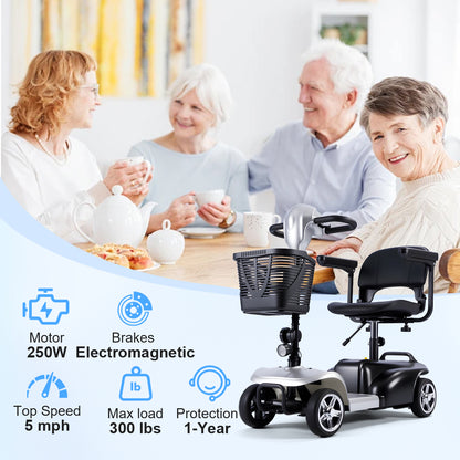 Mobility Scooter for Seniors and Disabled Individuals Featuring Bright Headlights, USB Port, Basket, and Long-Range Battery in Silver