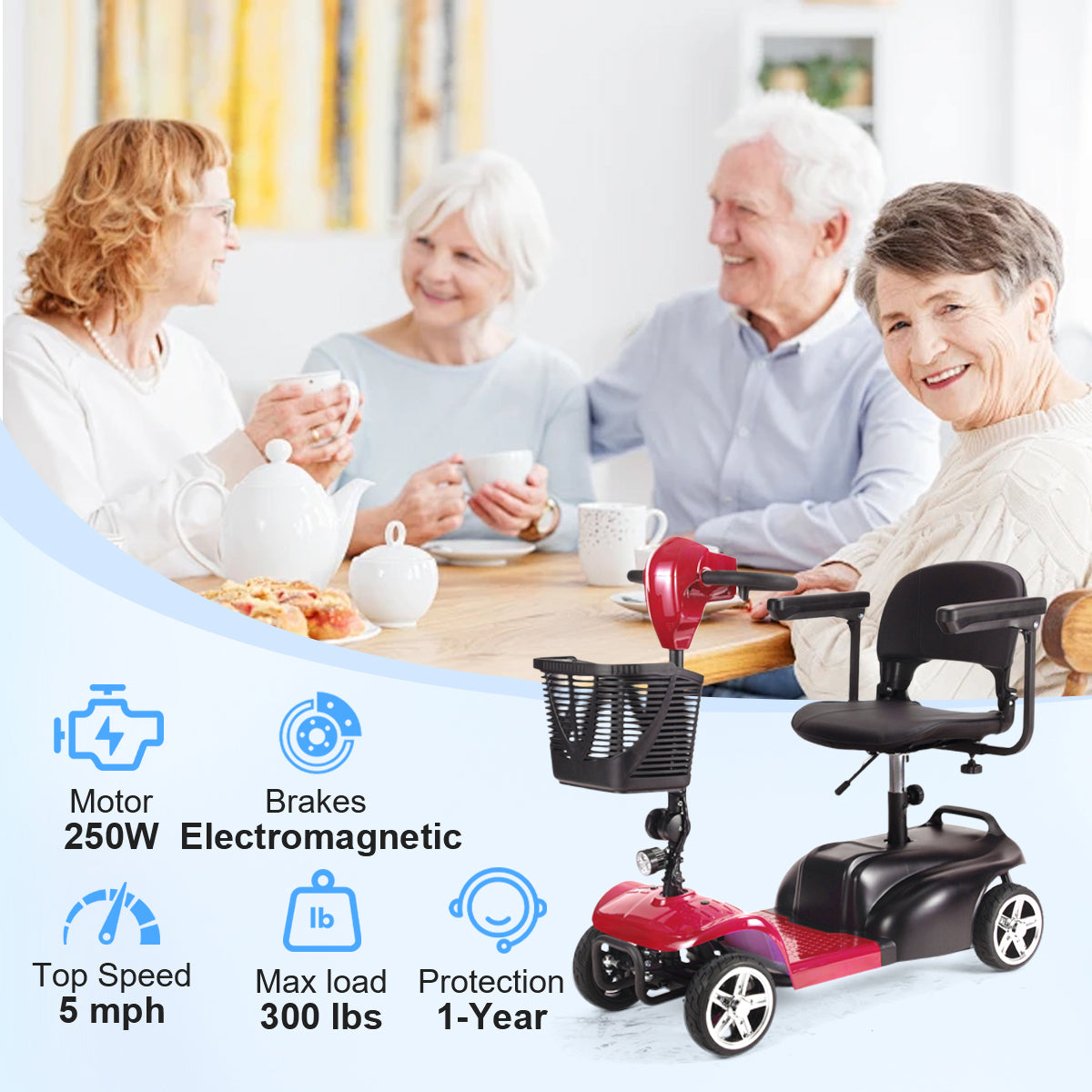 Mobility Scooter for Seniors and Disabled Individuals Featuring Bright Headlights, USB Port, Basket, and Long-Range Battery in red