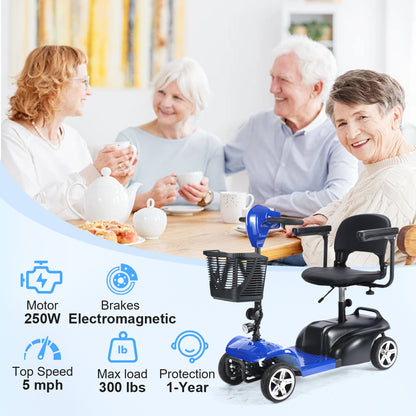 Mobility Scooter for Seniors and Disabled Individuals Featuring Bright Headlights, USB Port, Basket, and Long-Range Battery in blue