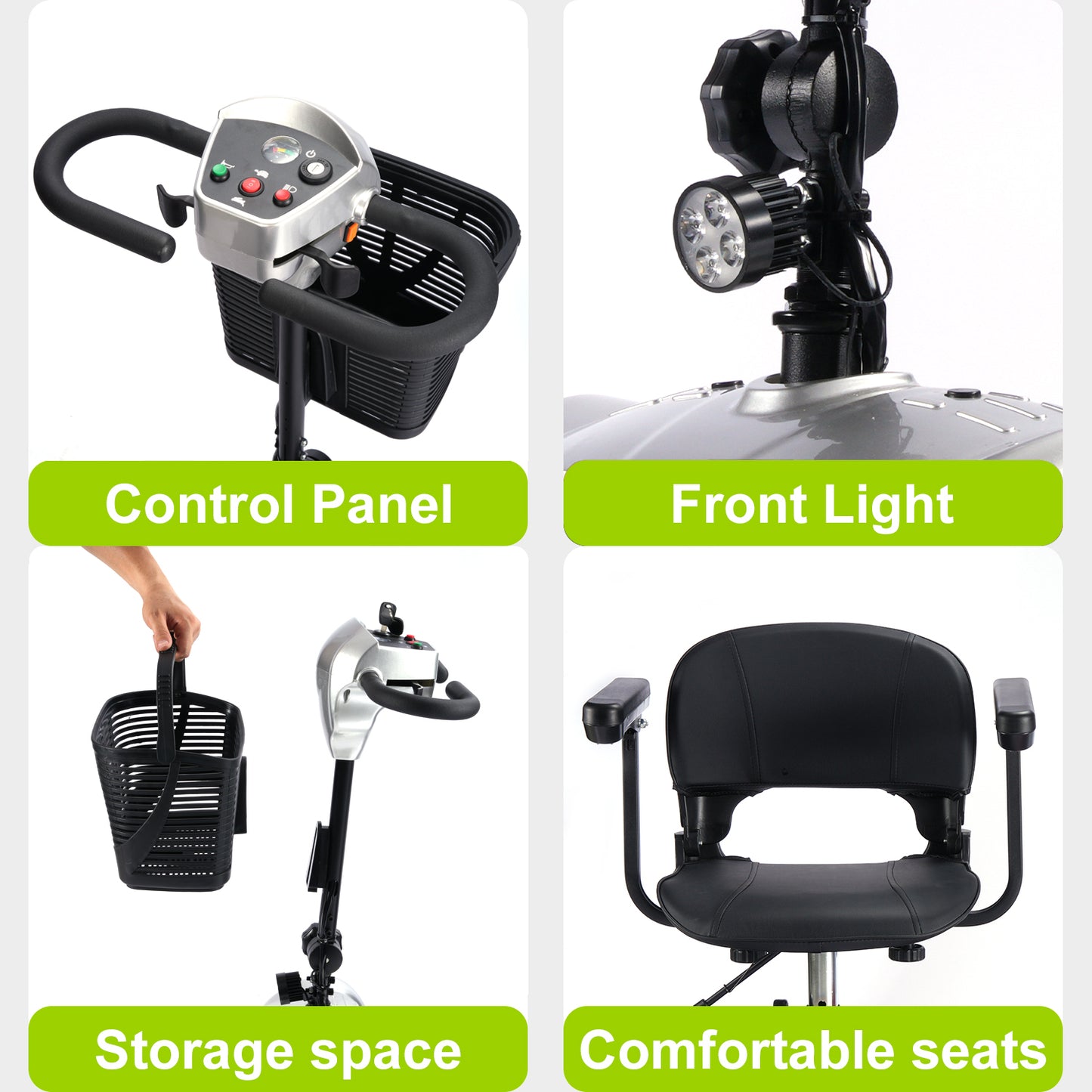 Mobility Scooter for Seniors and Disabled Individuals Featuring Bright Headlights, USB Port, Basket, and Long-Range Battery in Silver