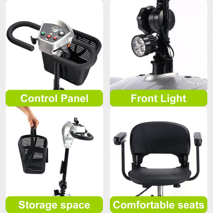 Mobility Scooter for Seniors and Disabled Individuals Featuring Bright Headlights, USB Port, Basket, and Long-Range Battery in Silver