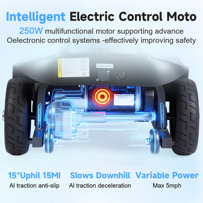 Mobility Scooter for Seniors and Disabled Individuals Featuring Bright Headlights, USB Port, Basket, and Long-Range Battery in Silver