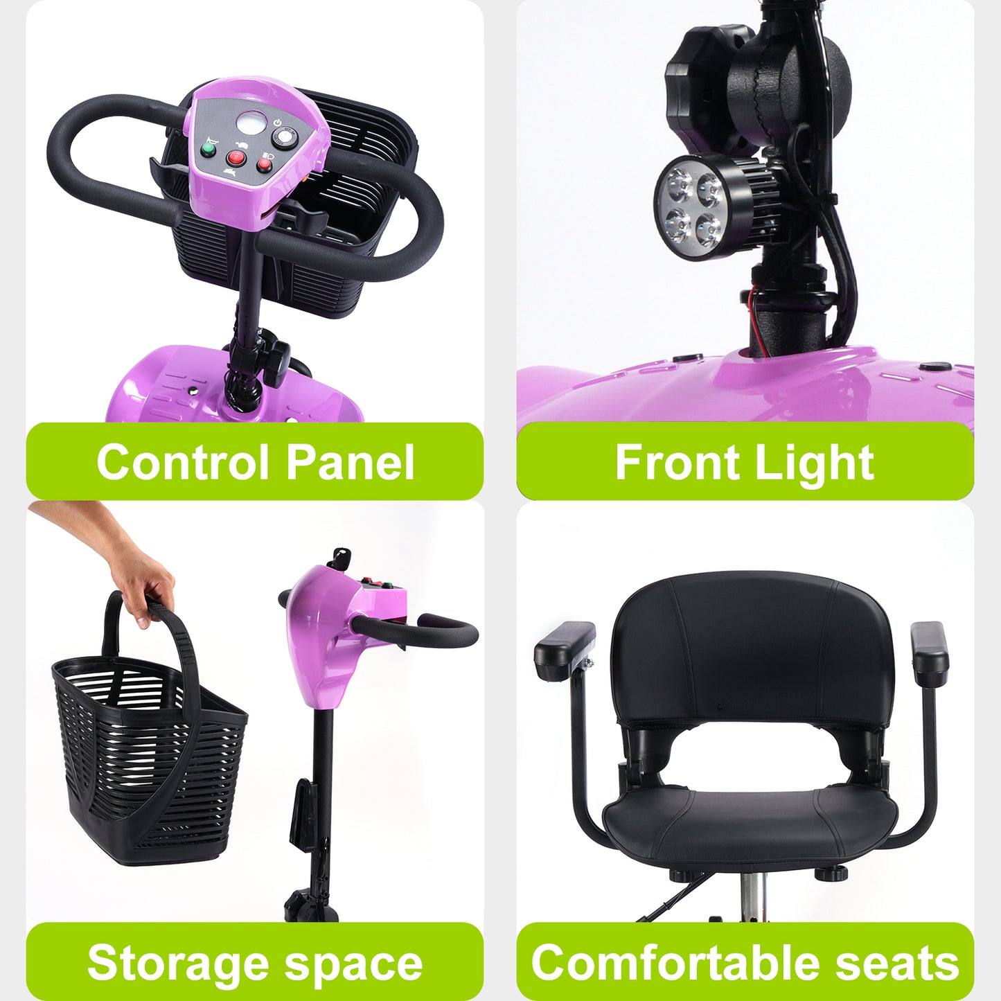 Mobility Scooter for Seniors and Disabled Individuals Featuring Bright Headlights, USB Port, Basket, and Long-Range Battery in LightPurple