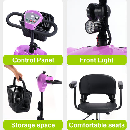 Mobility Scooter for Seniors and Disabled Individuals Featuring Bright Headlights, USB Port, Basket, and Long-Range Battery in LightPurple