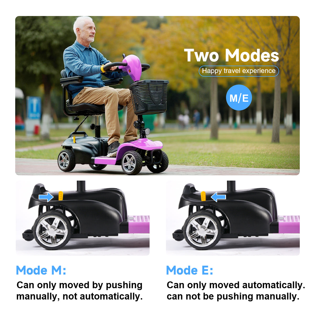 Mobility Scooter for Seniors and Disabled Individuals Featuring Bright Headlights, USB Port, Basket, and Long-Range Battery in LightPurple