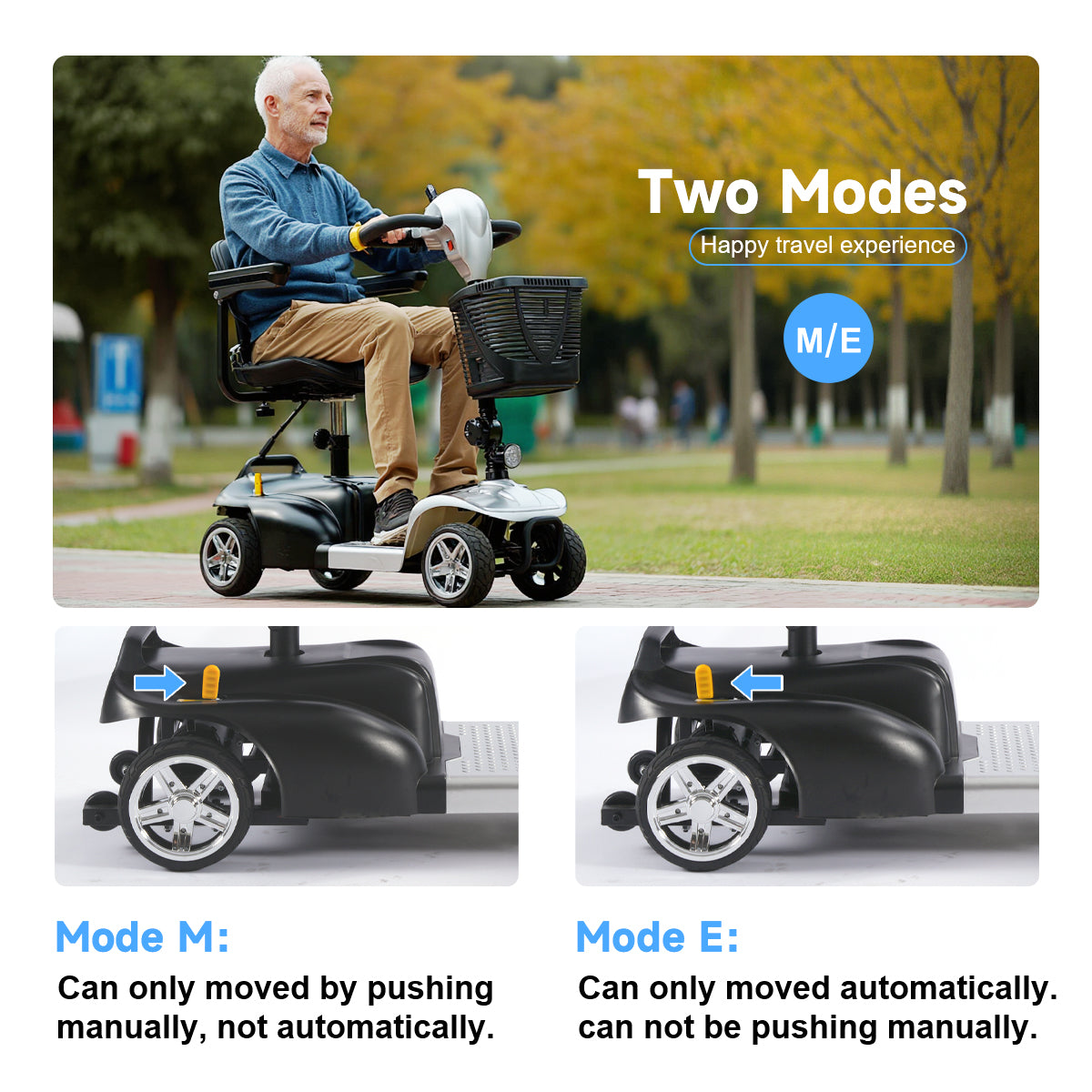 Mobility Scooter for Seniors and Disabled Individuals Featuring Bright Headlights, USB Port, Basket, and Long-Range Battery in Silver