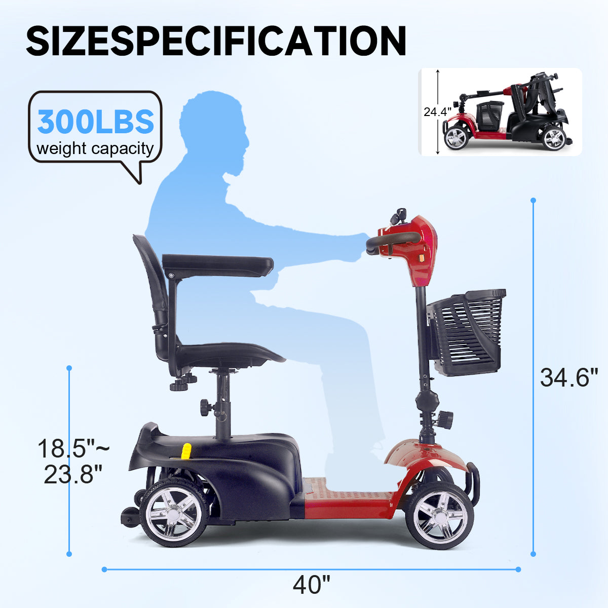 Mobility Scooter for Seniors and Disabled Individuals Featuring Bright Headlights, USB Port, Basket, and Long-Range Battery in red