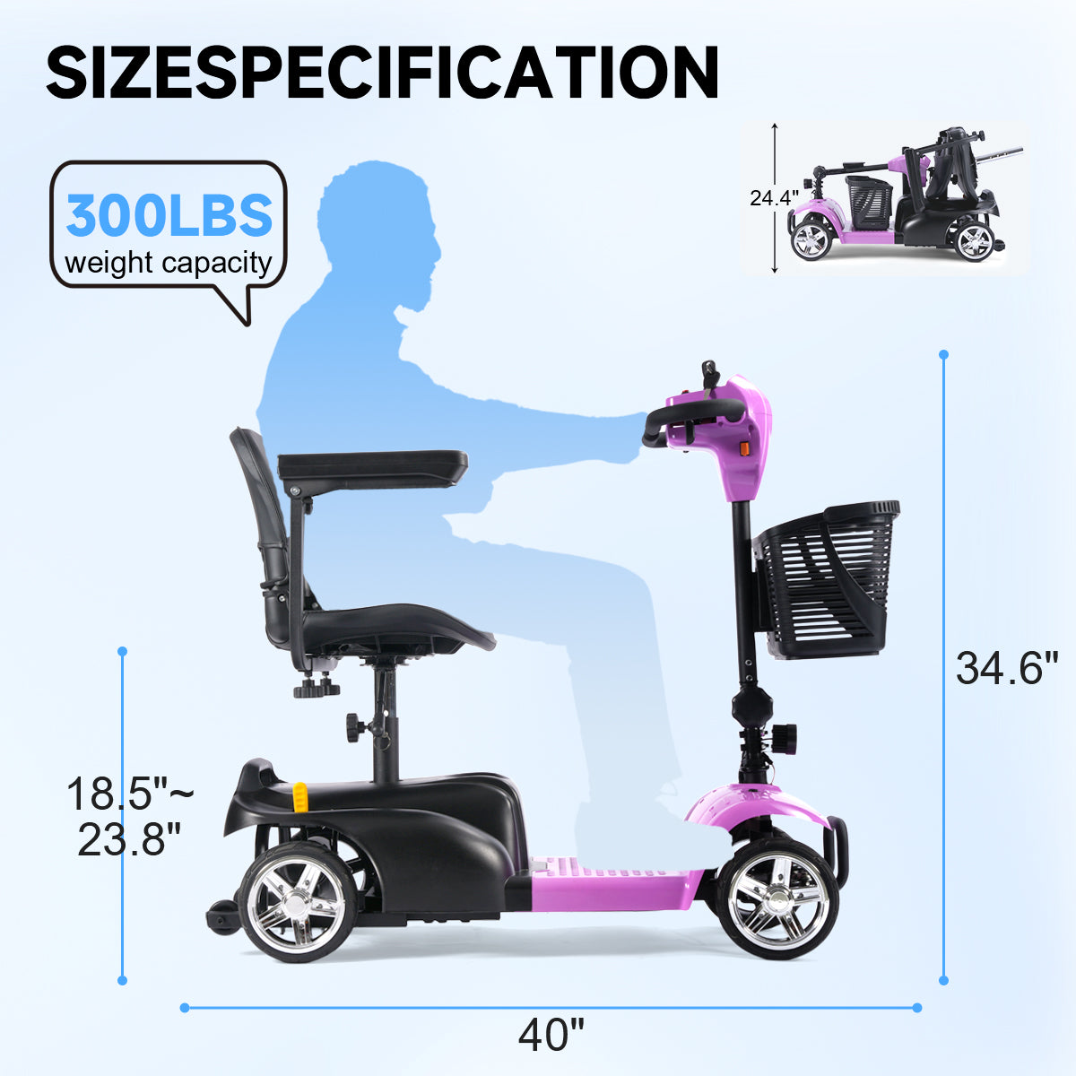 Mobility Scooter for Seniors and Disabled Individuals Featuring Bright Headlights, USB Port, Basket, and Long-Range Battery in LightPurple
