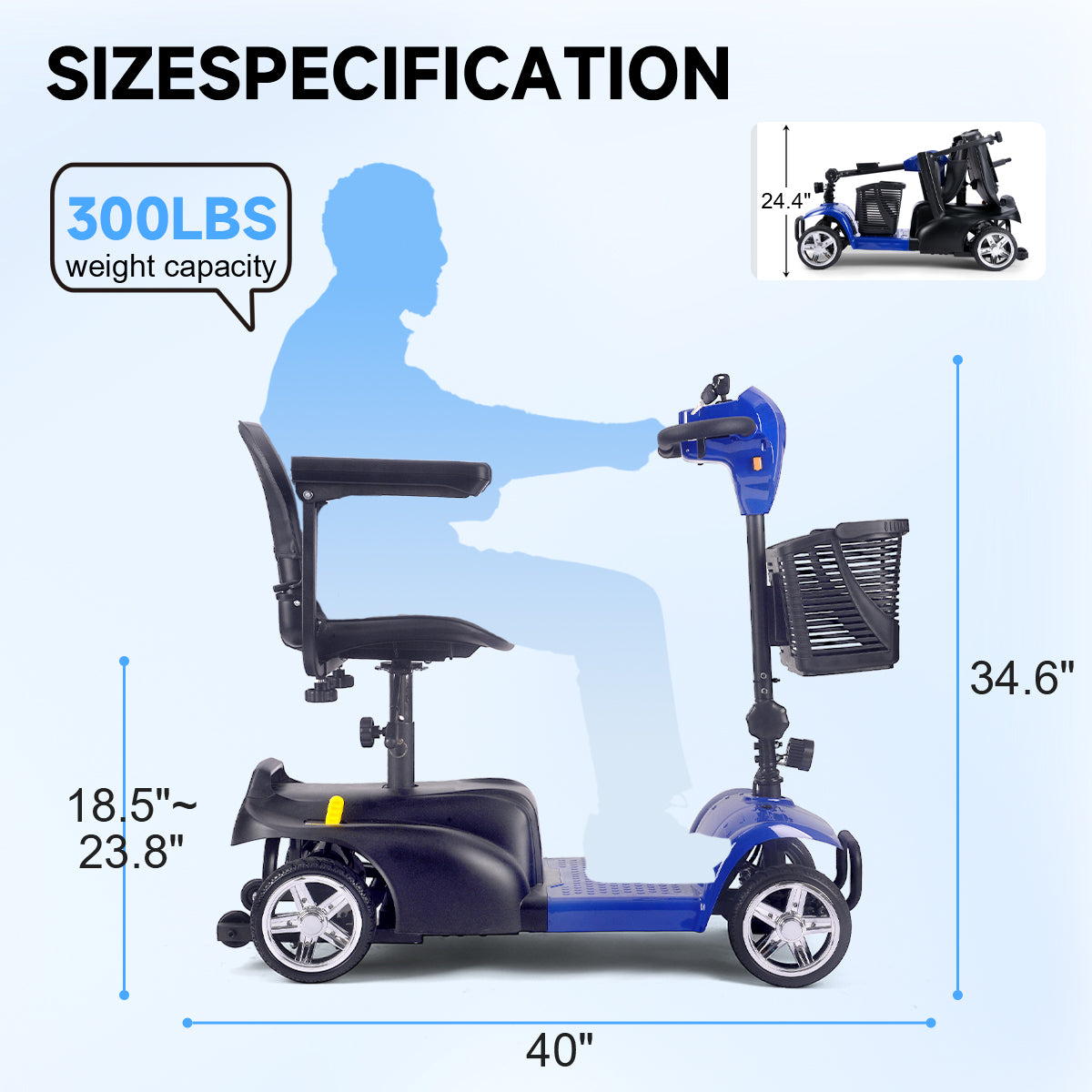 Mobility Scooter for Seniors and Disabled Individuals Featuring Bright Headlights, USB Port, Basket, and Long-Range Battery in blue