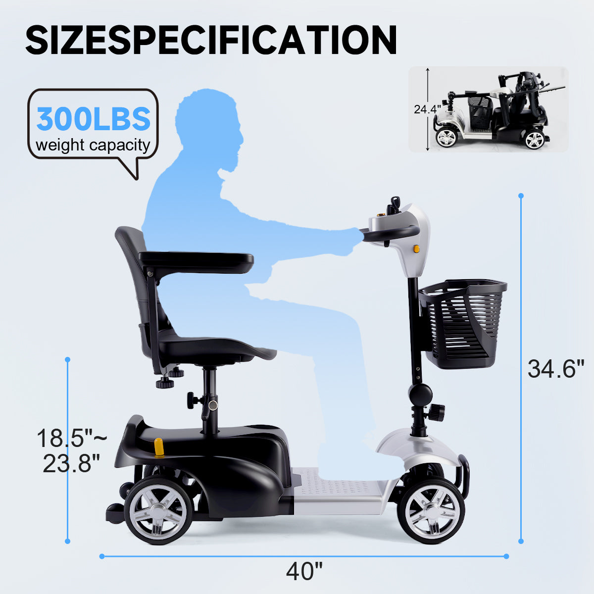 Mobility Scooter for Seniors and Disabled Individuals Featuring Bright Headlights, USB Port, Basket, and Long-Range Battery in Silver