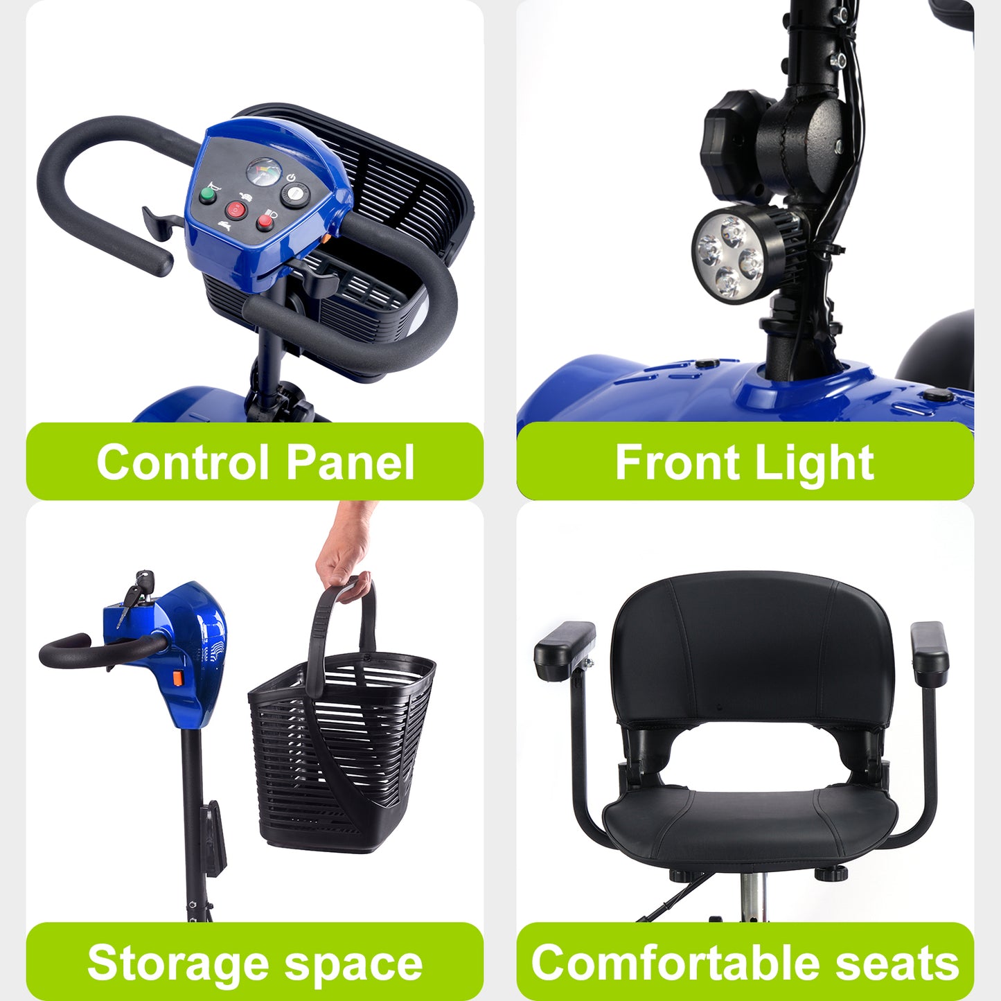 Mobility Scooter for Seniors and Disabled Individuals Featuring Bright Headlights, USB Port, Basket, and Long-Range Battery in blue