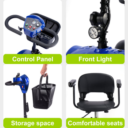 Mobility Scooter for Seniors and Disabled Individuals Featuring Bright Headlights, USB Port, Basket, and Long-Range Battery in blue