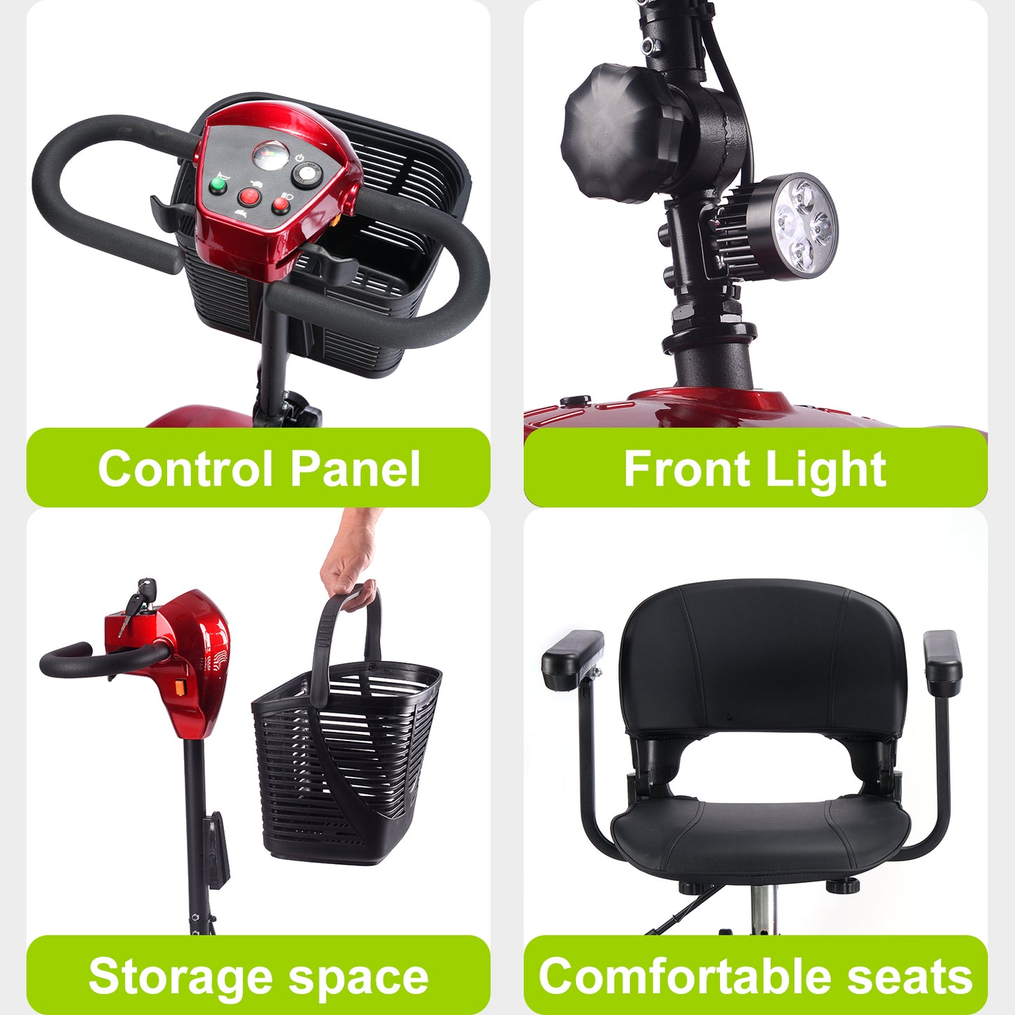 Mobility Scooter for Seniors and Disabled Individuals Featuring Bright Headlights, USB Port, Basket, and Long-Range Battery in red